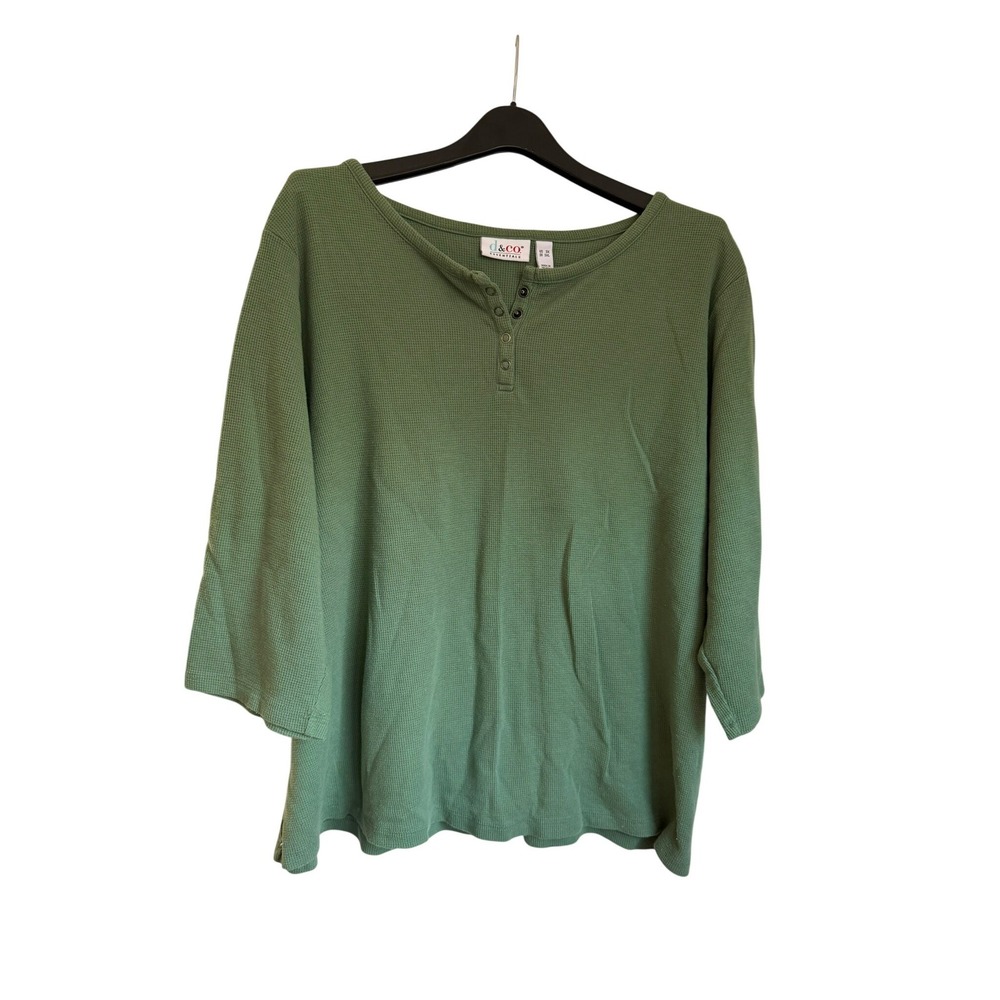 Denim & Co Essentials Sage Green Waffle‎ Knit Henley Top 3X Plus Size A547126